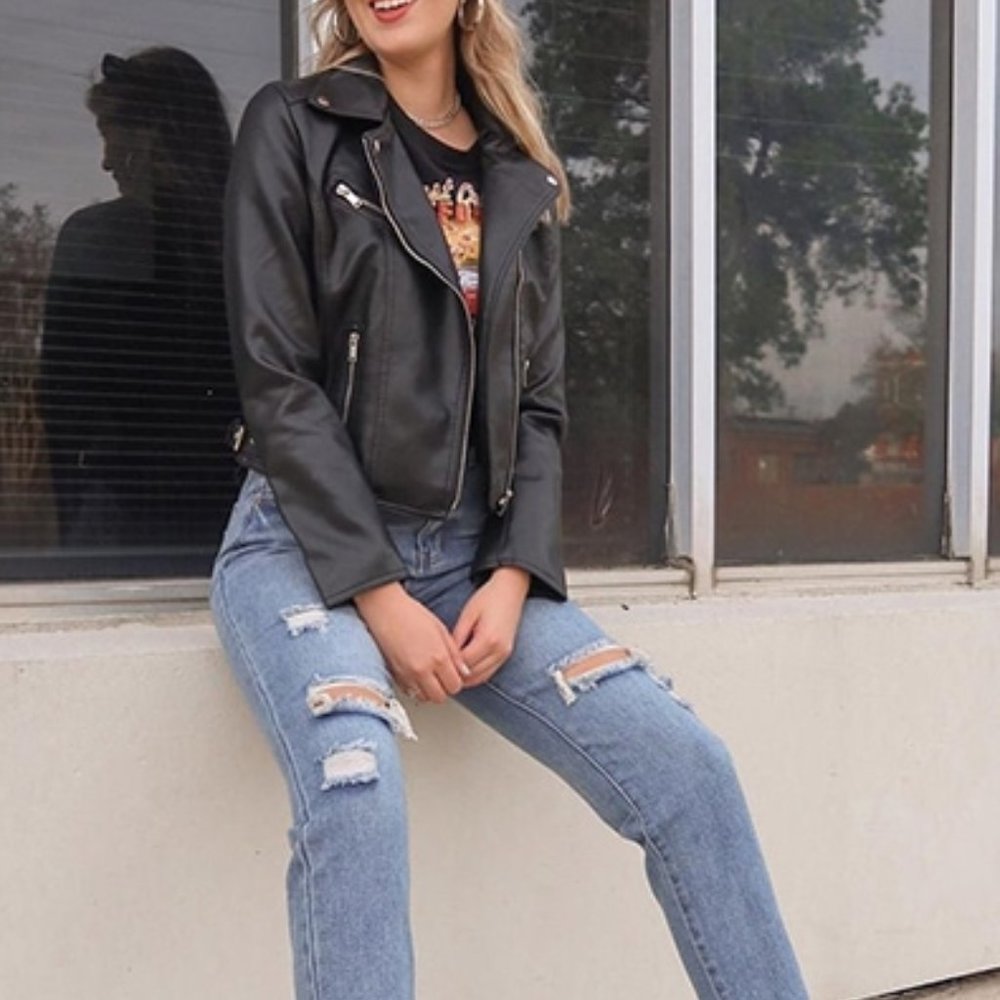 Modern Biker Chick Moto Faux leather Zipper Detail Motorcycle Jacket - Picture 5 of 12